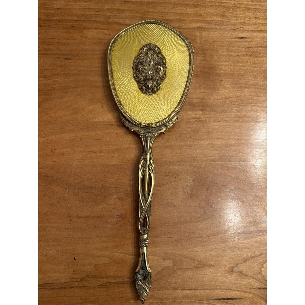 Antique Victorian Gilt Brass Vanity Set Mirror & Brush Matching Guilloché c.1900 - Picture 2 of 12